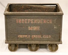 ANTIQUE MINER'S CART, "INDEPENDENCE MINE" CRIPPLE CREEK, COLORADO. IRON AND WOOD, H 26", W 21", L 32"  Lot 110