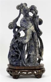CHINESE CARVED LAPIS LAZULI QUAN YIN SCULPTURE, H 8 1/2", W 4 3/4", L 2 1/2"  Lot 2175
