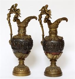 FRENCH TWO-TONE BRONZE EWERS, 19TH C., H 22 1/2", L 9 1/2"  Lot 2239