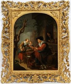 EUROPEAN OIL ON CANVAS, H 16 1/2", L 13", TRADE SCENE  Lot 2099
