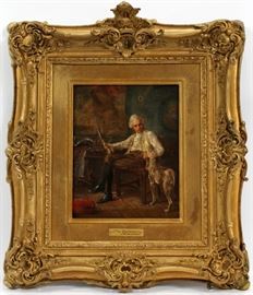 JOHN WARD DUNSMORE ( AMERICAN 1856-1945, OIL ON WOOD PANEL H 10" W 8" THE BACHELOR  Lot 2107