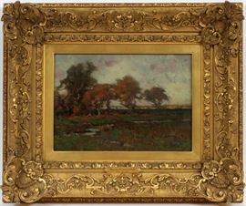 LAWRENCE CARMICHAEL EARLE, (AMERICAN, 1845 - 1921) OIL ON CANVAS H 8" W 12" AUTUMN LANDSCAPE  Lot 2103