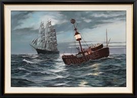 RODNEY CHARMAN (BRITISH B. 1944), OIL ON CANVAS, H 23 1/2", L 35 1/2", "THE CIMBA PASSING THE SEVENSTONES LIGHTSHIP"  Lot 2179