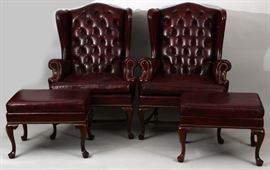 QUEEN ANN STYLE LEATHER ARMCHAIRS & OTTOMANS, 4 PCS, H 44", W 32.5", D 26"  Lot 1119