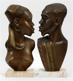 BRONZE BUSTS, C. 1940 PAIR H 11.5' - 12.3" MALE AND FEMALE, AFRICAN NATIVES  Lot 1165