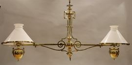 BRASS MAGNUM CHANDELIER, WHITE GLOBES H 30" L 74"  Lot 1019
