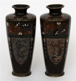 JAPANESE CLOISONNE VESSELS, CA. LATE 19TH C., PAIR, H 7 1/2", DIA 2 3/4"  Lot 9