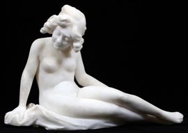 ITALIAN CARVED MARBLE SCULPTURE, H 9.5", L 14", FEMALE NUDE  Lot 31