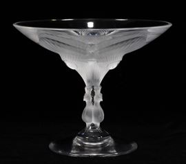 LALIQUE, FRANCE, 'VIRGINIA PEACOCK', GLASS COMPOTE, H 7", DIA 9"  Lot 119