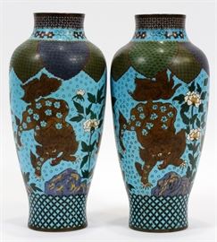 
CHINESE CLOISONNE VASES, 19TH C., PAIR, H 11", DIA 5"  Lot 1033