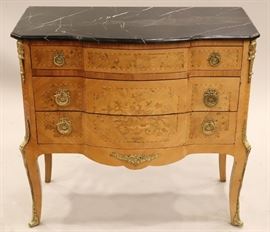 BURL WOOD, BRONZE & MARBLE COMMODE, 20TH CENTURY, H 32", W 34 1/2", D 16 1/2"  Lot 1098