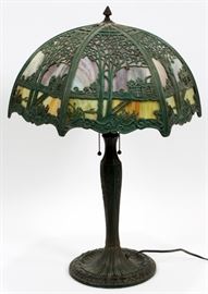 METAL OVERLAY BENT GLASS TABLE LAMP C. 1910 H 22" DIA 16.5"  Lot 1240