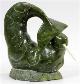 INUIT SERPENTINE CARVING, H 11", W 10", D 6", NARWHAL  Lot 2319