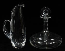 STEUBEN GLASS PITCHER AND DECANTER, H 10", DIA 7 1/2"  Lot 122