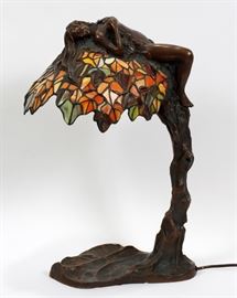 LEADED GLASS SHADE WITH RECLINING NUDE, ON METAL LAMP BASE H 23" W 16"  Lot 1339