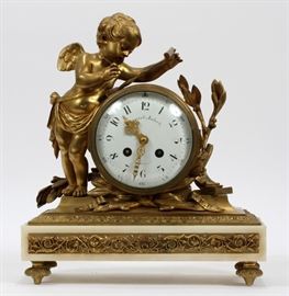 ARMAND AUBERT NANEU, FRENCH GILT BRONZE & ONYX MANTLE CLOCK, 19TH C., H 13", W 11.25", D 4.5"  Lot 1046