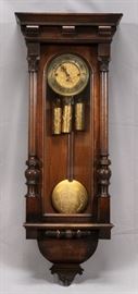 VIENNESE CARVED WALNUT WALL CLOCK, H 46", W 18", D 9"  Lot 2369