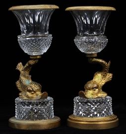 FRENCH CRYSTAL & ORMOLU CANDLESTICK HOLDERS, PAIR, H 8 1/2", DIA 3 3/4"  Lot 1249