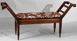 PAIR MAHOGANY JACQUARD STYLE BENCHES. EACH BENCH IS FLANKED WITH STYLIZED WOOD BARS, WOVEN PLANT FIBER SEATS, ON TAPERED LEGS. H 29" W 60"  Lot 1438