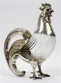 FIGURAL SILVER PLATE AND ETCHED GLASS DECANTER, H 12.5", L 10"  Lot 118