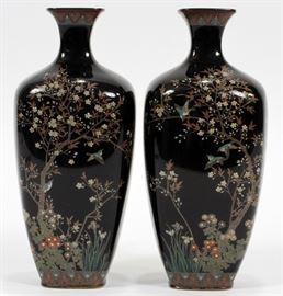 JAPANESE CLOISONNE VASES, 19TH C., PAIR, H 6", W 2 1/2", D 2 1/4"  Lot 1153