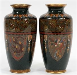 JAPANESE CLOISONNE VASES, 19TH C., PAIR, H 5", DIA 2 1/2"  Lot 1156