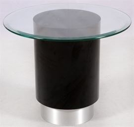 MODERN GLASS AND WOOD SIDE TABLE, C. 1990'S, H 20 1/4", DIA 23 3/4"  Lot 82