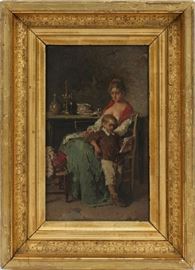 MARTELLI, ITALIAN OIL ON WOOD PANEL, LATE 19TH.C., H 12.5", W 7.5", GENRE SCENE, MOTHER AND CHILD  Lot 2028