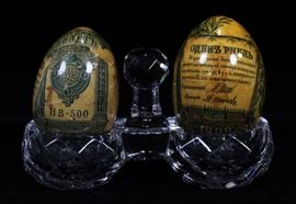 RUSSIAN LACQUER EGGS, FRENCH SIGNED BACCARAT CRYSTAL STAND H 3 1/2" W 5" D 2 1/2"  Lot 2333