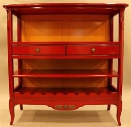 RED GLAZED WOOD CABINET WITH WINE RACK AND DRAWERS, H 45", W 42", D 17"  Lot 276