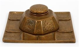 TIFFANY STUDIOS, NY, 'ZODIAC' BRONZE INKWELL, C. 1915, H 4.5", W 11", D 10" @  Lot 1004
