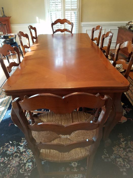 Jean Gestas French Dining Table, 8 Chairs, Built In Leaves