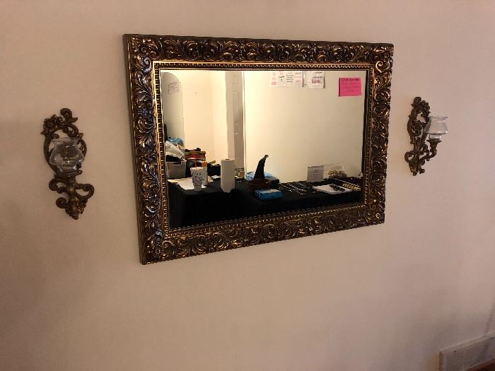 Vintage gold mirror and matching sconces