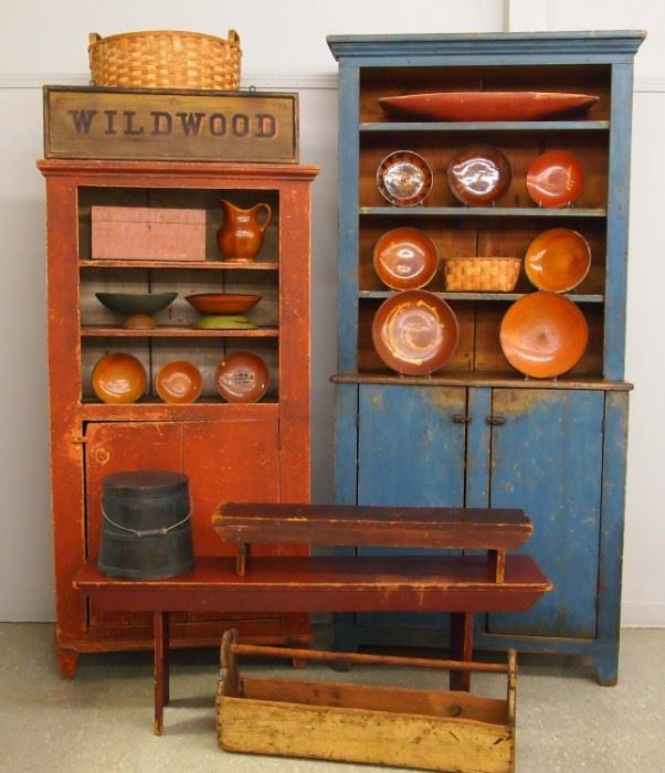 19th c Red and Blue Painted Pewter Cupboards, Collection of Red ware, Wood ware bowls, Painted benches, 'Wildwood' Sign