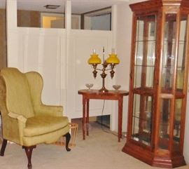 Curio cabinet, wingback chair