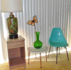 MCM - Blonde stand, mosiac table, fiberglass chair