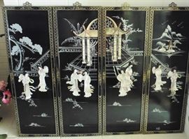 Four black lacquer Japanese panels, Geishas, mother of pearl.