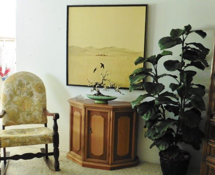 Console cabinet, rocking chair, original painting by Duane Armstrong.