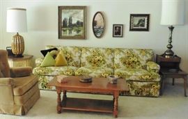 Floral couch, maple coffee and end table, lamps, decorative art