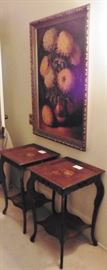 Mahogany end tables, decorative floral art
