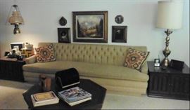 Tufted MCM couch, coffee and end tables