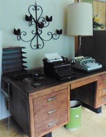 Mahogany desk, file cabinets, wrought iron candleholder