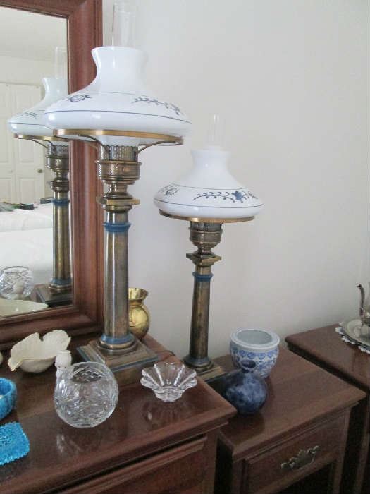Pr. of tall brass lamps w/ hurricane shades