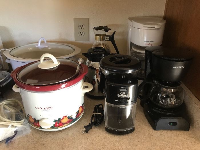 Crock pots, coffee grinder, coffee makers