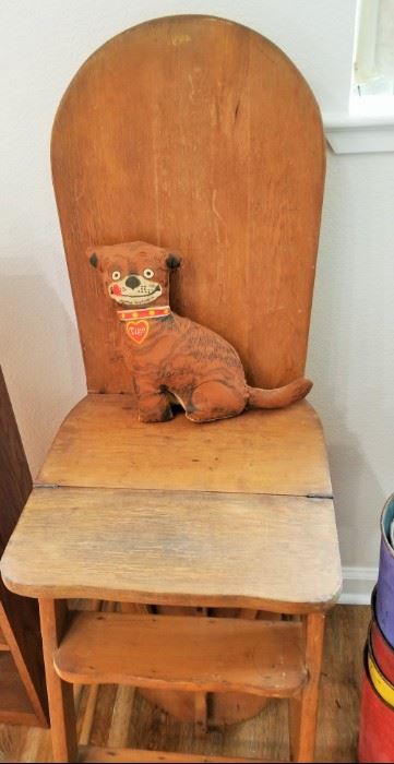 Handmade Tige Stuffed Dog and Primitive Chair