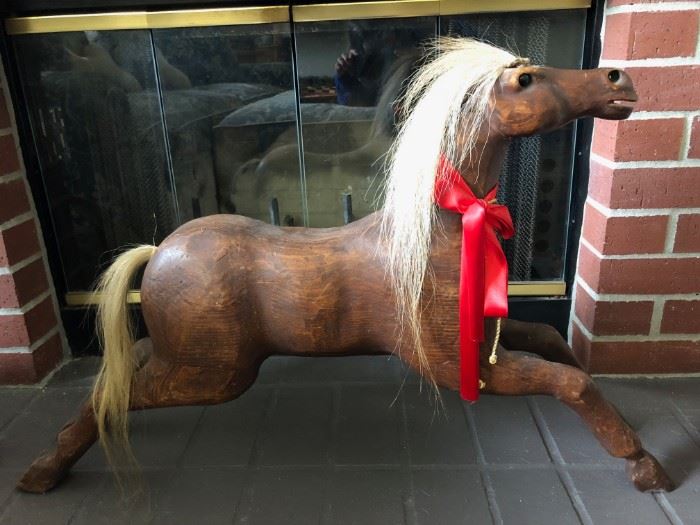 Large Wooden Horse with real Horse Hair Mane & Tail