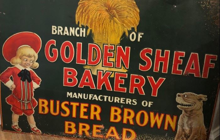 Lovely Antique Golden Sheaf Bakery Buster Brown Bread Tin Litho Sign -WOW