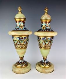 Pair of Bronze, Onyx and Champleve Enamel Urns   