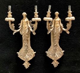Pair Antique Bronze Lady Figural Wall Sconces    