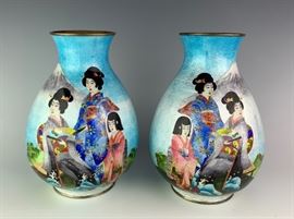 Pair Japanese Ginbari Cloisonne Vases, Meiji Pd.  